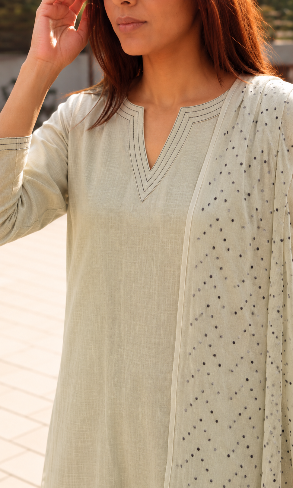 Cotton Slub  Sage-beige Suit with Mul Polka Dupatta