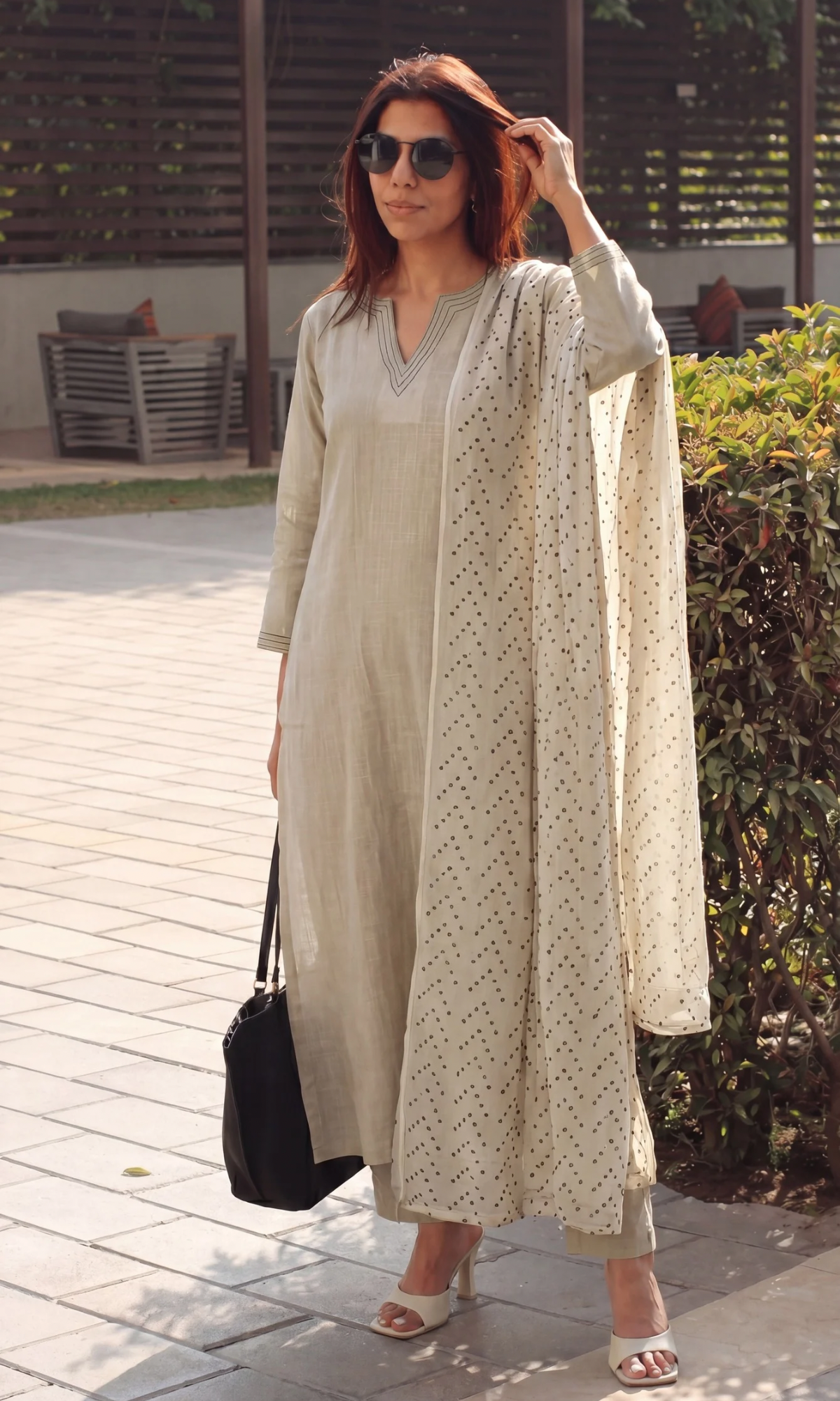 Cotton Slub  Sage-beige Suit with Mul Polka Dupatta