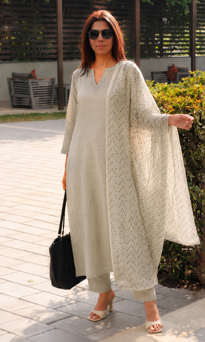 Cotton Slub  Sage-beige Suit with Mul Polka Dupatta