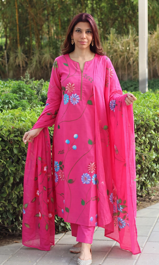 Cotton Magenta & Blue Handbrush Painted Kurta , Dupatta & Pants