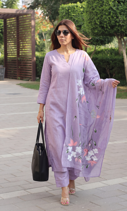 Lavender Slub Kurta with Pant & Mul Handpainted Dupatta