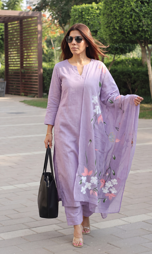 Lavender Slub Kurta with Pant & Mul Handpainted Dupatta