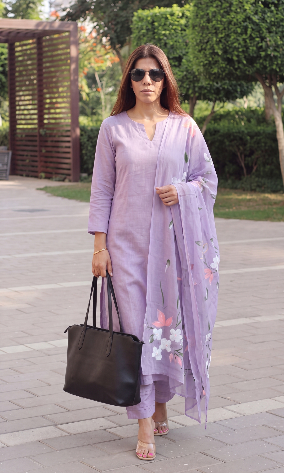 Lavender Slub Kurta with Pant & Mul Handpainted Dupatta