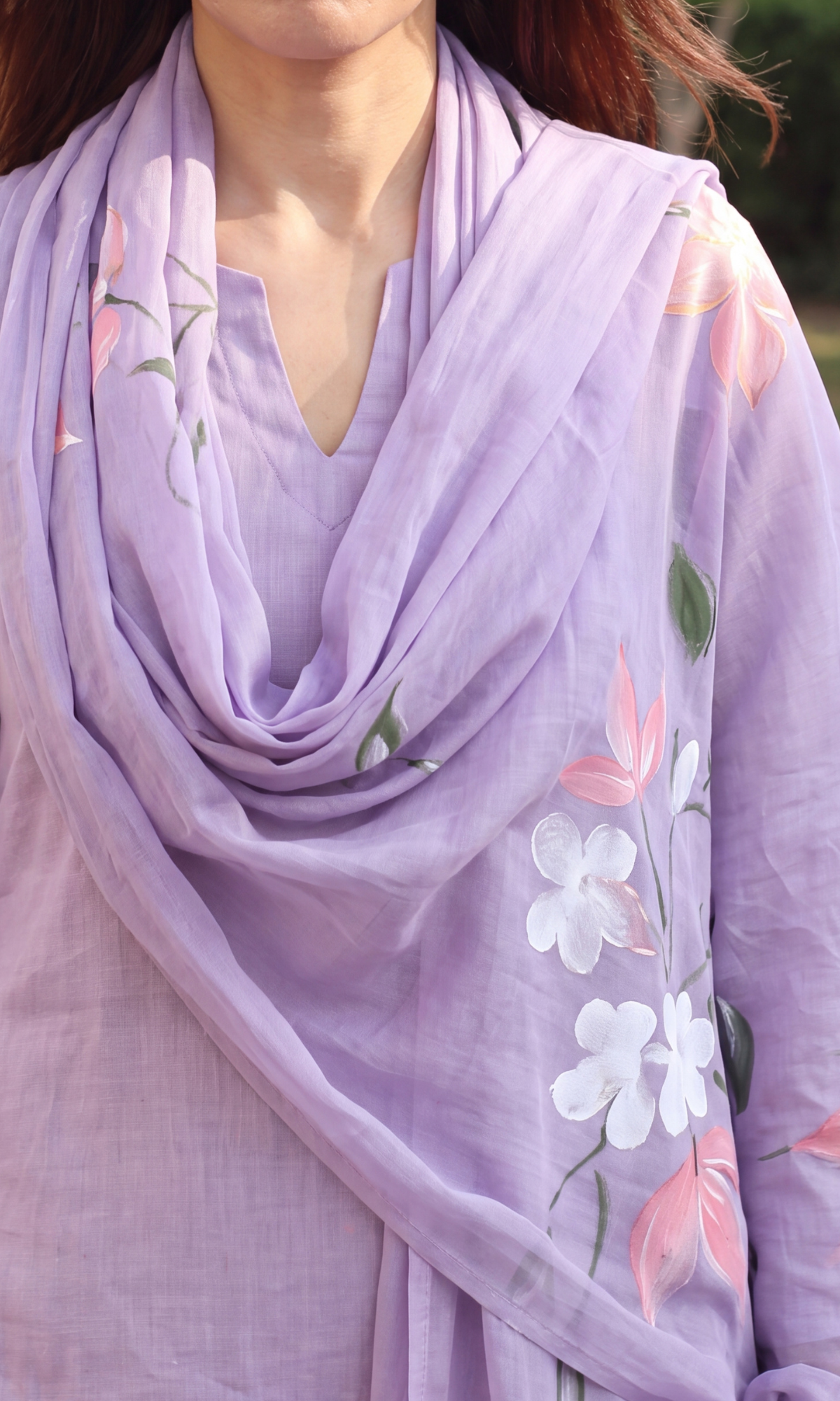 Lavender Slub Kurta with Pant & Mul Handpainted Dupatta