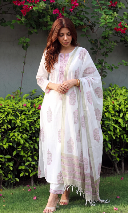 Suhaani Mughal Pearl Cotton Kurta , Pant & Kota Doria Handblock Print Dupatta