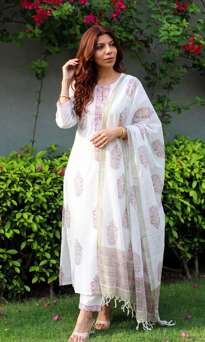 Suhaani Mughal Pearl Cotton Kurta , Pant & Kota Doria Handblock Print Dupatta