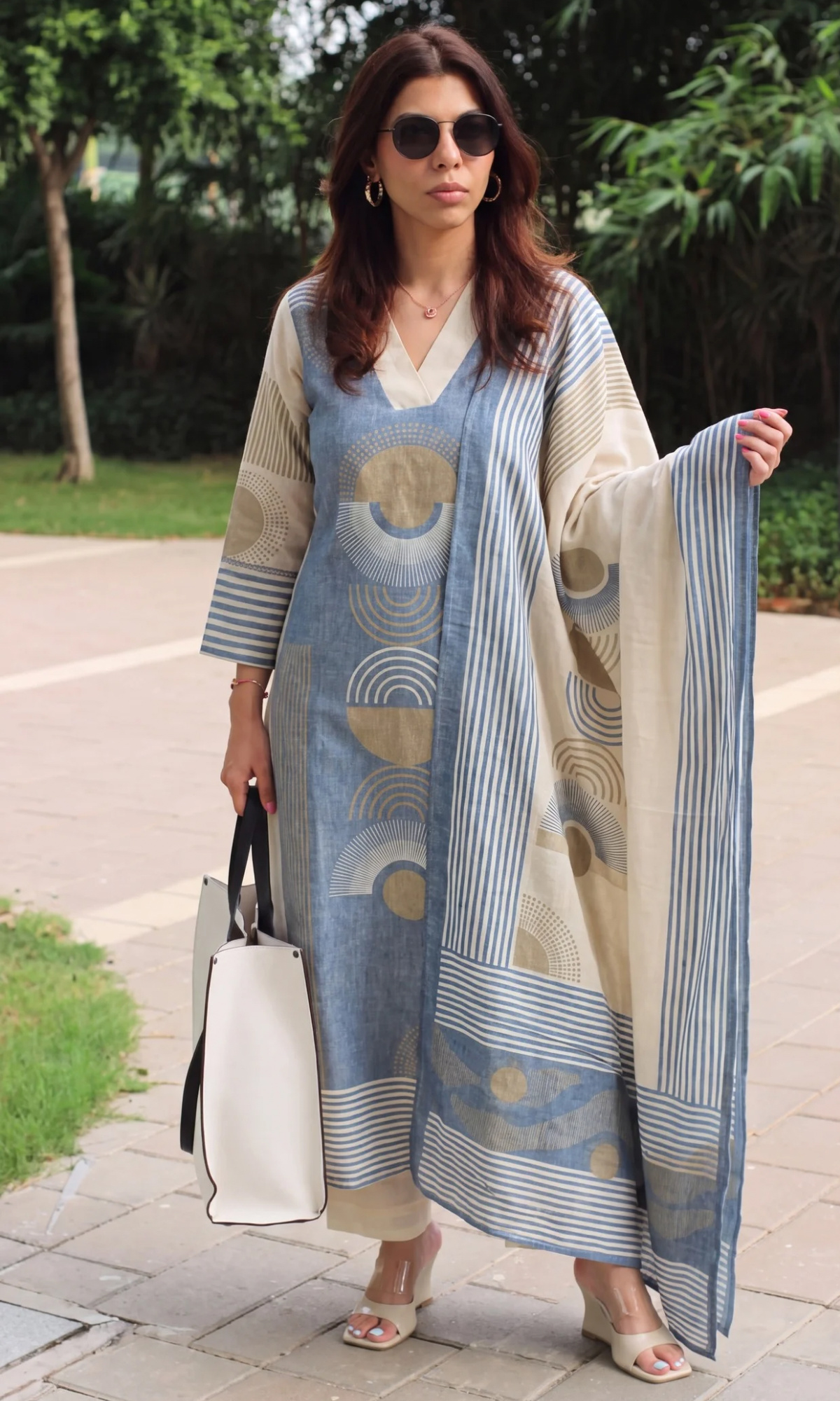 Linen Blend Beige Half Moon Print Kurta , Dupatta with Cotton Pants