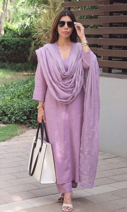 Pastel Purple Cotton Slub Kurta, Pants & Cotton Booti Print Dupatta