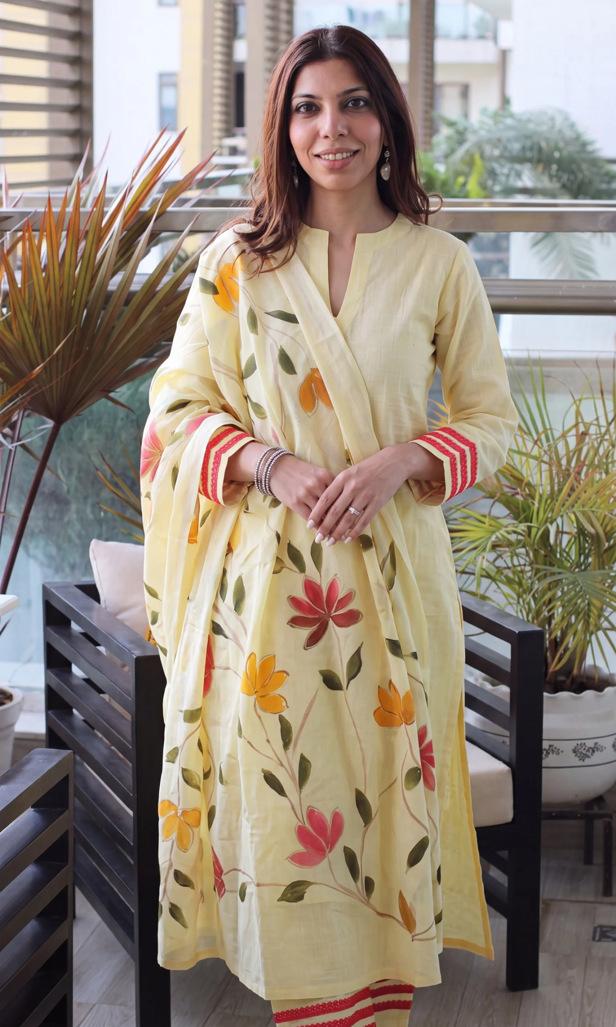 Pale Yellow Slub Kurta, Pant with Cotton Handpainted Dupatta