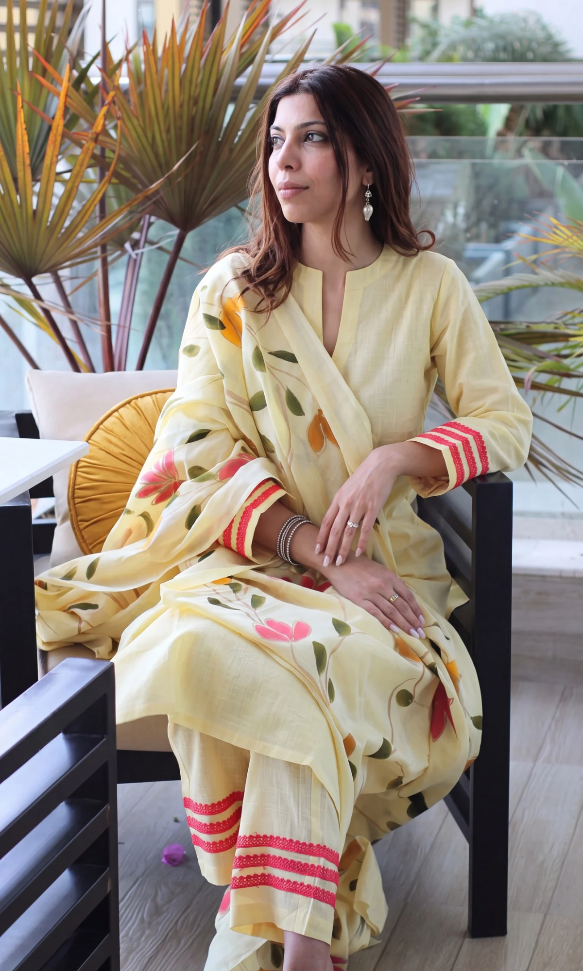 Pale Yellow Slub Kurta, Pant with Cotton Handpainted Dupatta