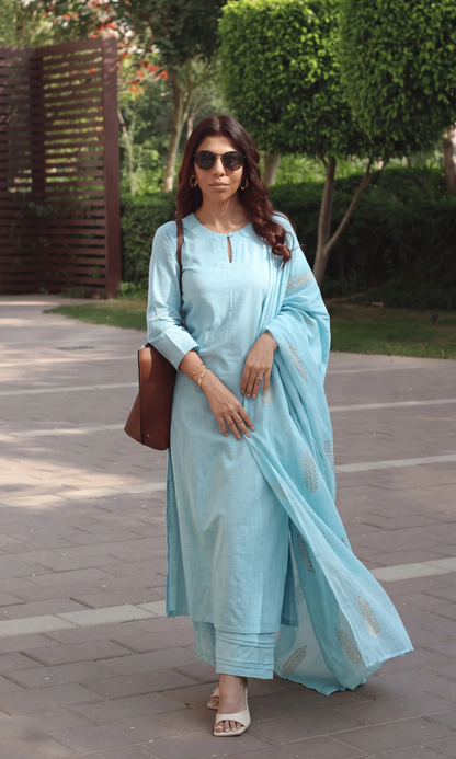 Soft Sky Slub Kurta, Pant with Cotton Paisley Print Dupatta