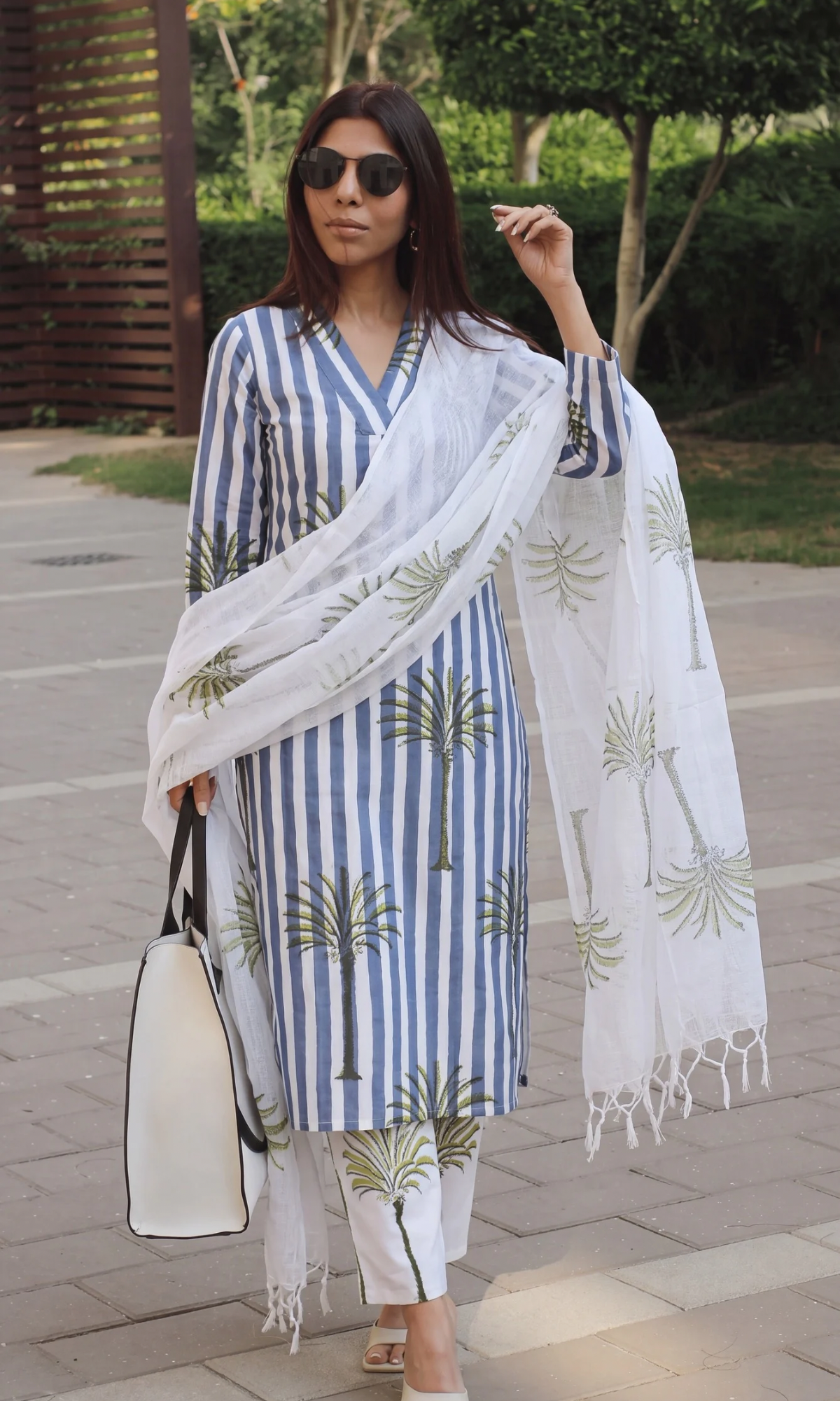 Cotton Palm breeze Handblock Printed Kurta, Pant & Kota Doria Handblock Dupatta