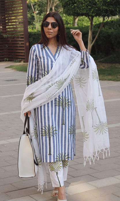 Cotton Palm breeze Handblock Printed Kurta, Pant & Kota Doria Handblock Dupatta