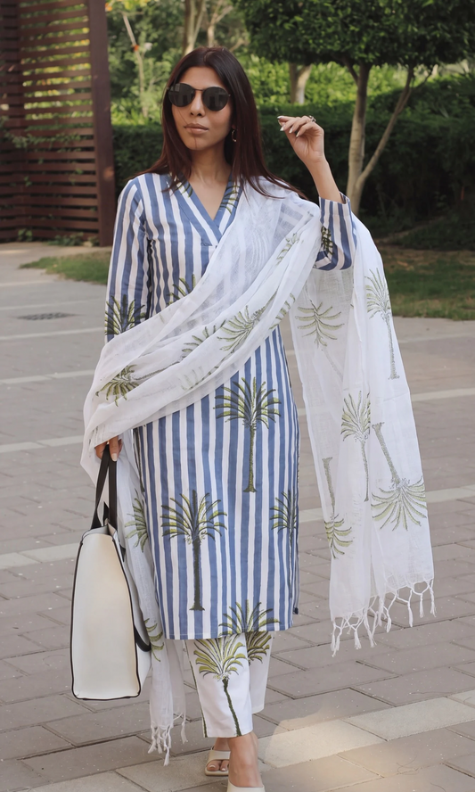 Cotton Palm breeze Handblock Printed Kurta, Pant & Kota Doria Handblock Dupatta