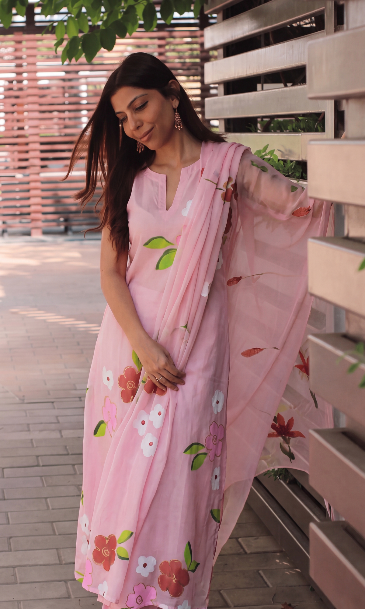 Daphne Pink Handbrush Painted A cut Sleeveless Kurta, Chiffon Dupatta & Cotton Pants