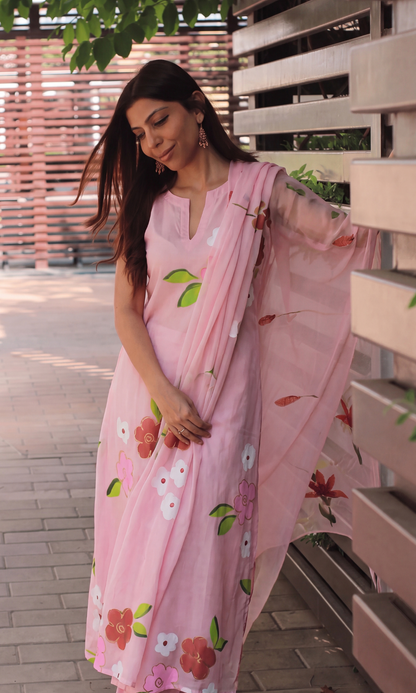 Daphne Pink Handbrush Painted A cut Sleeveless Kurta, Chiffon Dupatta & Cotton Pants