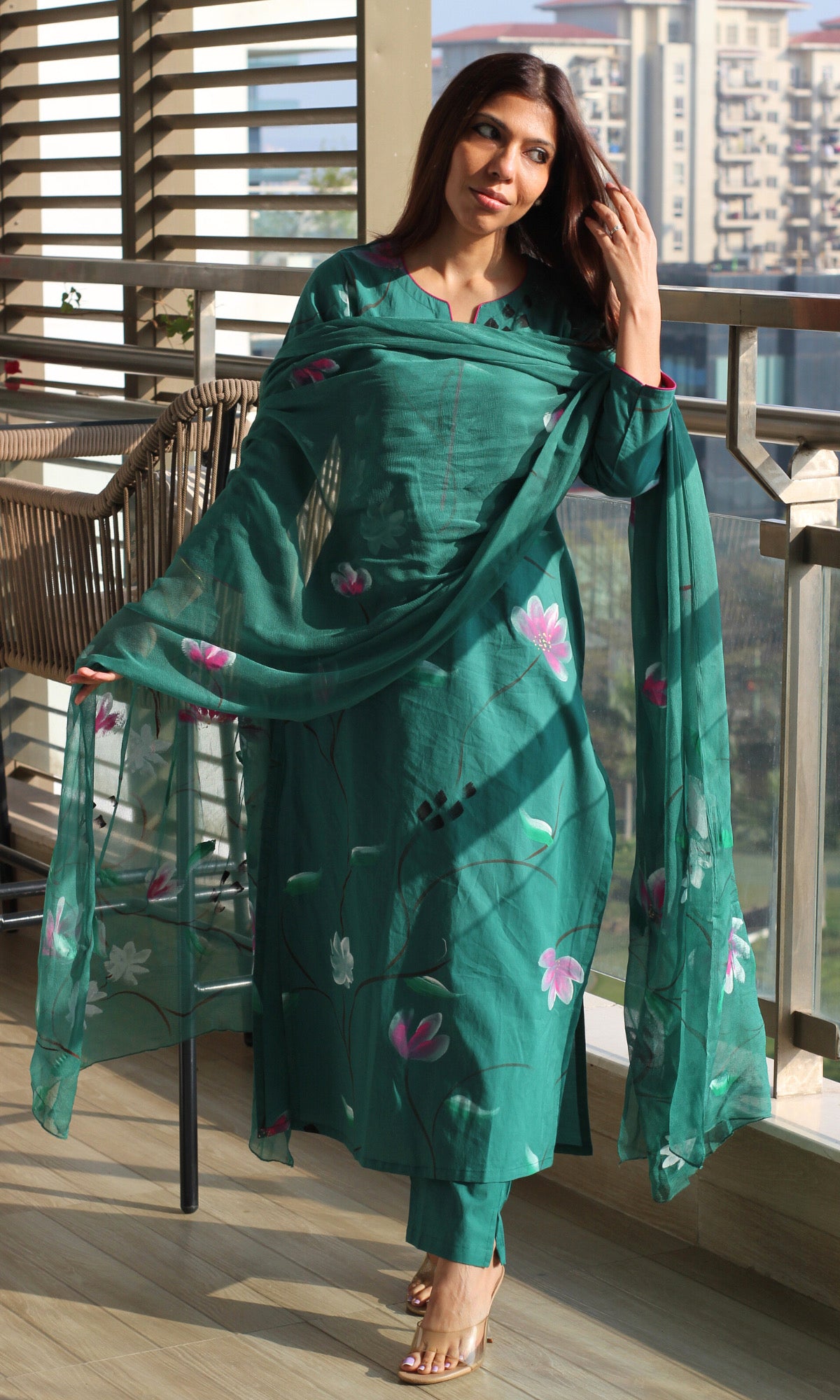 Cotton Emerald Teal Handbrush Painted Suit with Chiffon Handpainted Dupatta