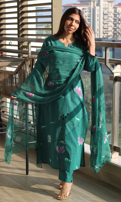 Cotton Emerald Teal Handbrush Painted Suit with Chiffon Handpainted Dupatta