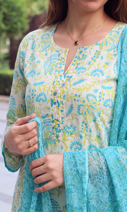 Alia Green Floral Block Print Kurta, Pant & Kota Doria Printed Dupatta