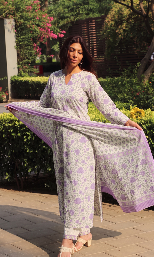 Lavender Garden Block Print Cotton Kurta, Afghani Pant and Mul Printed Dupatta