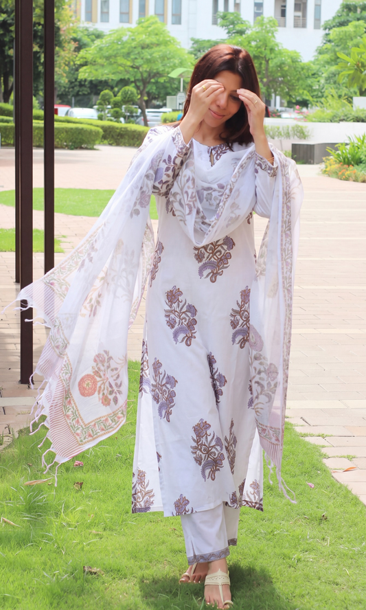 Ziva White & Lavender Mughal Print Kurta, Handblock Print Kota Doria Dupatta & Cotton Pants
