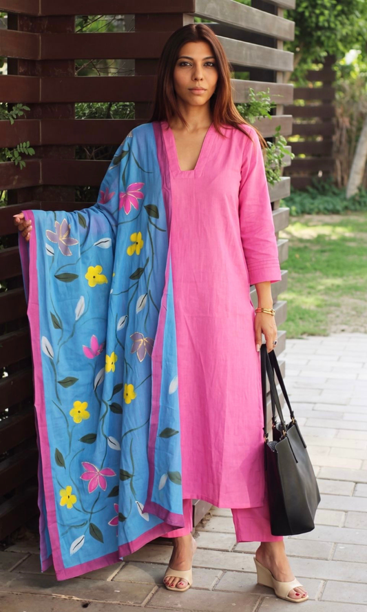 Pink Sorbet Cotton Slub Kurta, Pant with Handpainted Dupatta