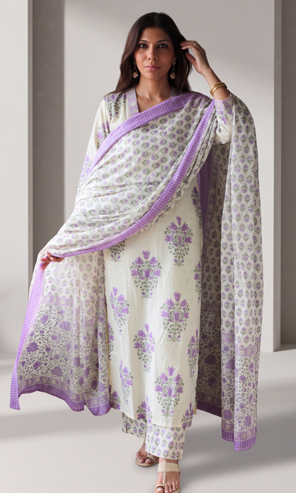 Sakhi Lavender Cotton Pleated Kurta, Printed Pants & Mul Dupatta