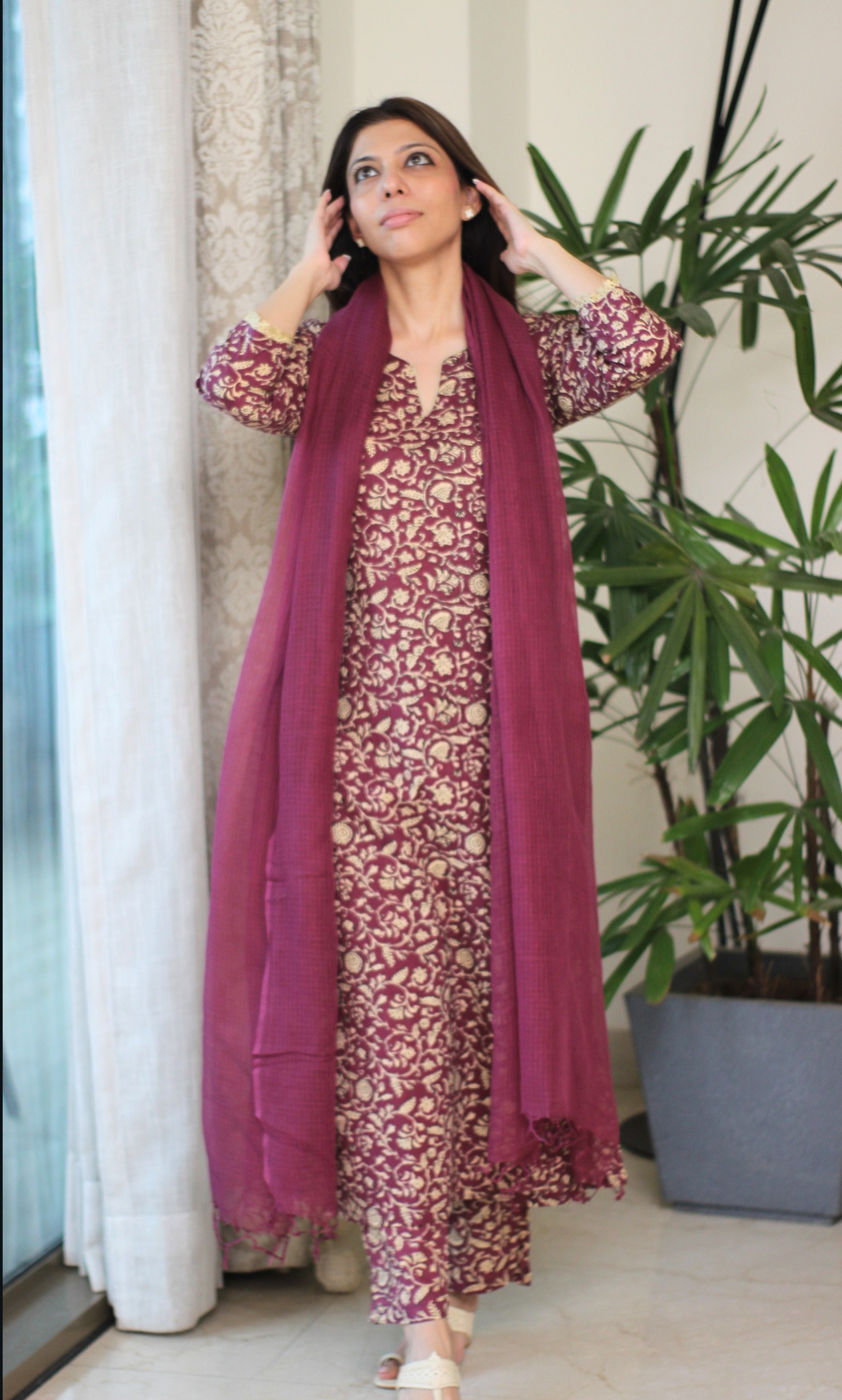 Sangria Baagh Printed Cotton Kurta, Pant & Kota Doria Dupatta