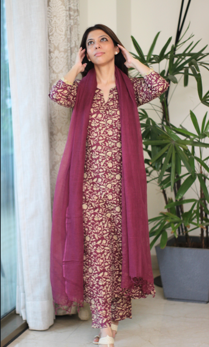 Sangria Baagh Printed Cotton Kurta, Pant & Kota Doria Dupatta