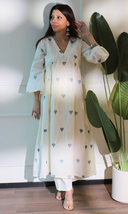 Ash Hearts Cotton Flared Kurta & Pant Set - Baareeki