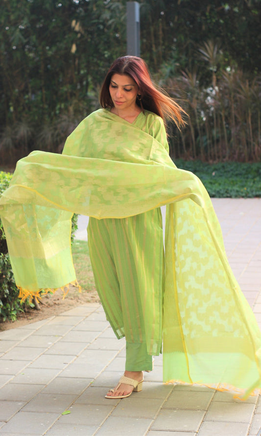 Banarasi Lime Green & Gold Zari Kurta with Dupatta & Plain Pants - Baareeki