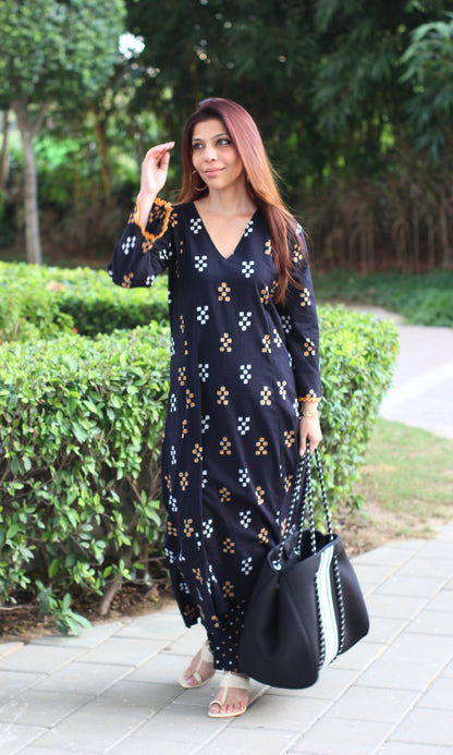 Black & Mustard High Low A line Kurta & Pallazo - Baareeki