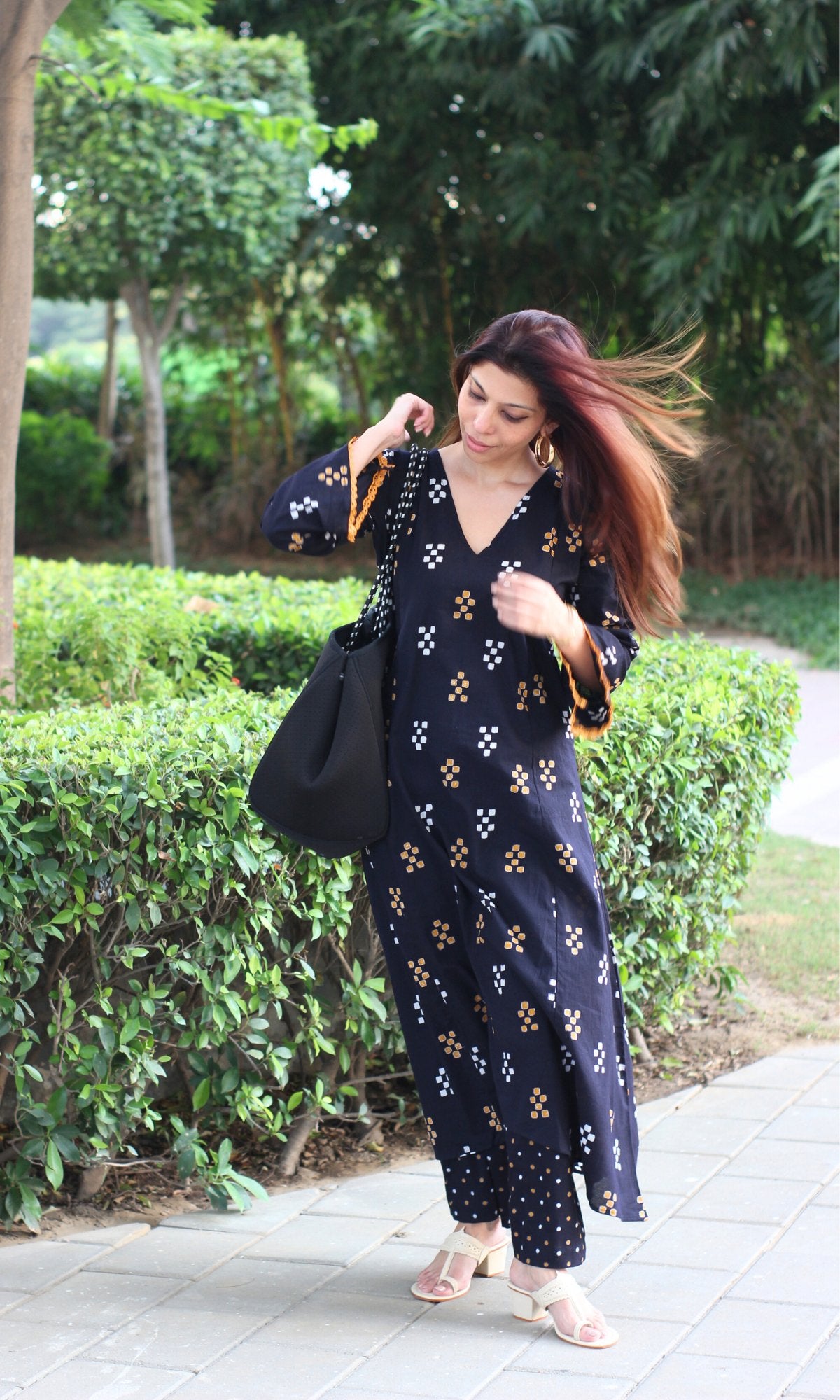 Black & Mustard High Low A line Kurta & Pallazo - Baareeki