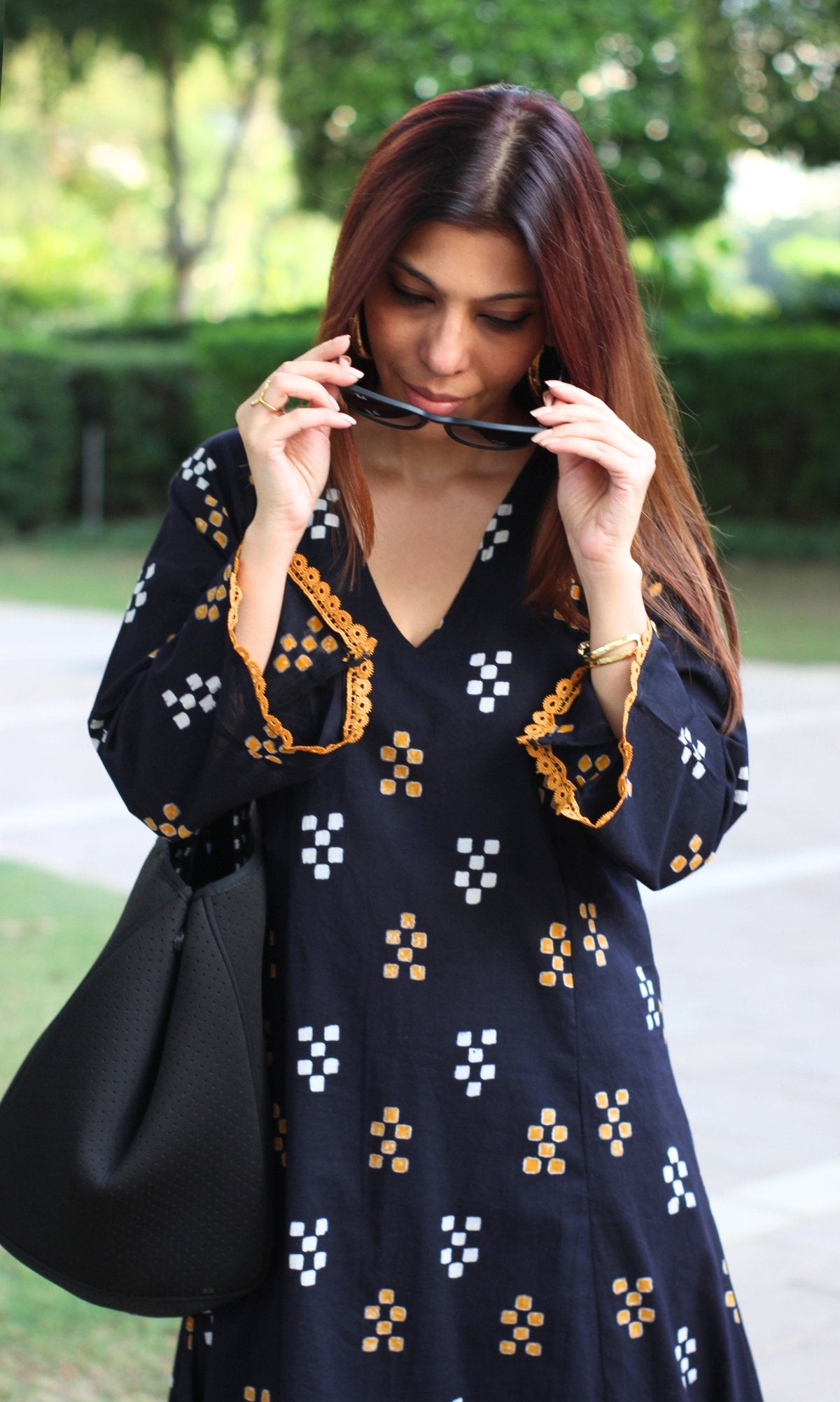 Black & Mustard High Low A line Kurta & Pallazo - Baareeki