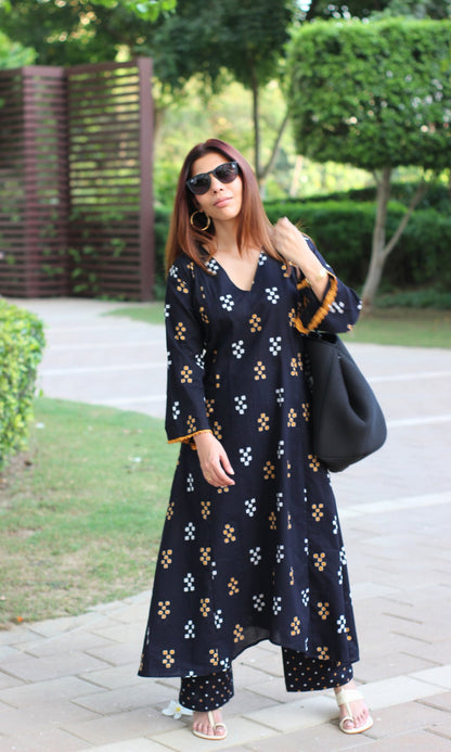 Black & Mustard High Low A line Kurta & Pallazo - Baareeki