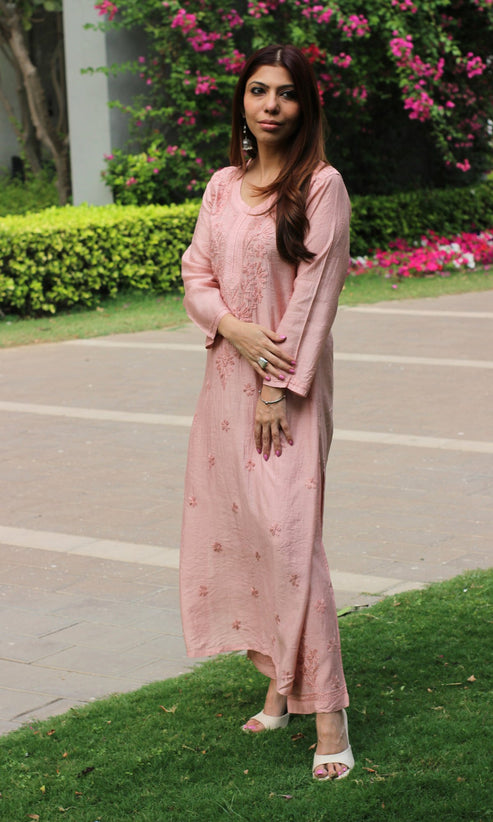 Peach - 2pc Hand Embroidery Chanderi Silk Chikankari Unstitched Dress Material 20