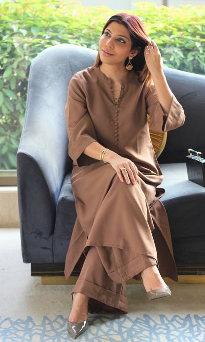 Coffee Brown Collared Buttoned Kurta with Pallazo Pants - Baareeki