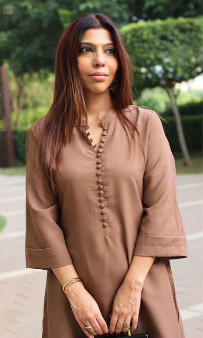 Coffee Brown Collared Buttoned Kurta with Pallazo Pants - Baareeki