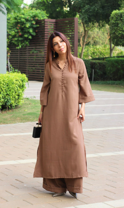 Coffee Brown Collared Buttoned Kurta with Pallazo Pants - Baareeki