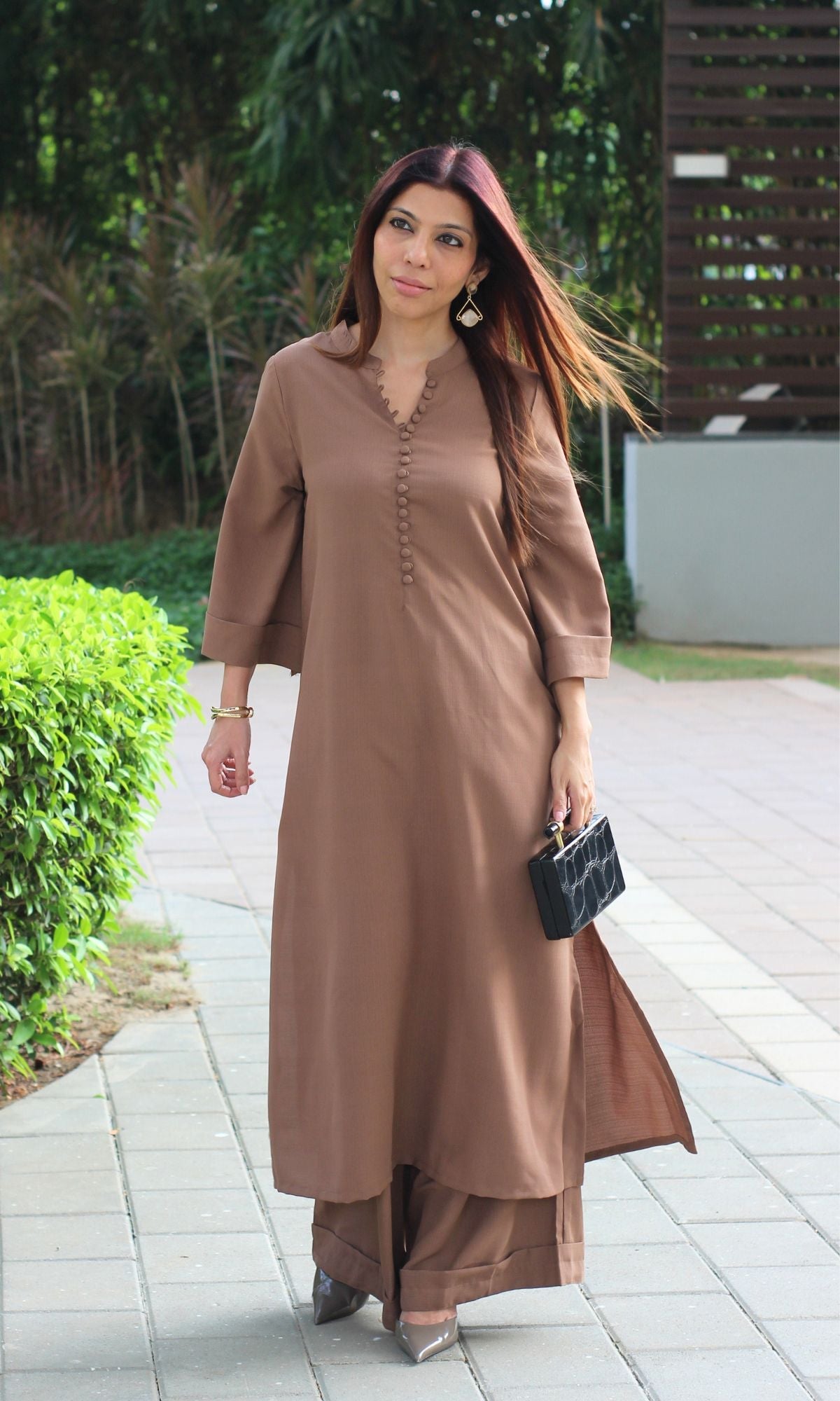 Coffee Brown Collared Buttoned Kurta with Pallazo Pants - Baareeki