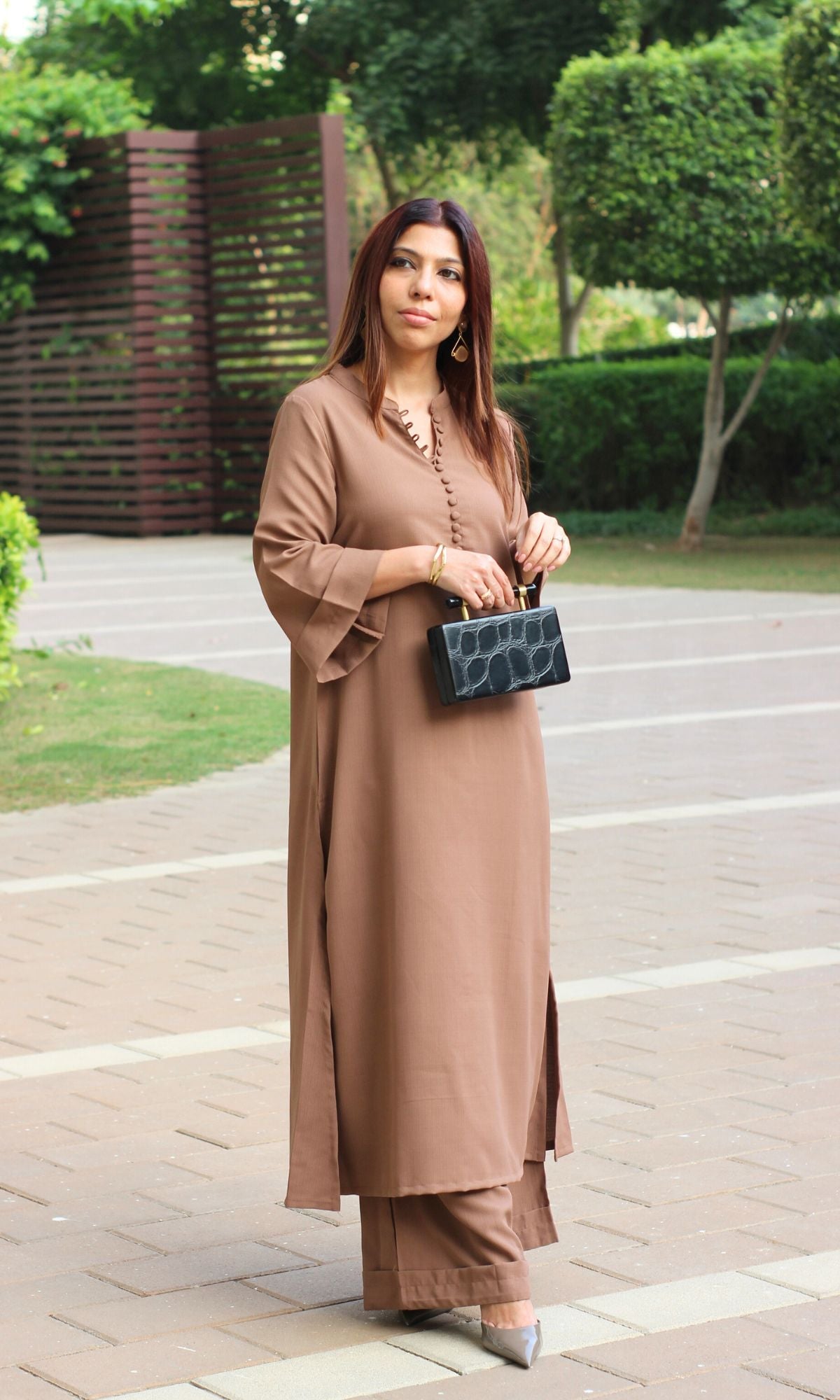 Coffee Brown Collared Buttoned Kurta with Pallazo Pants - Baareeki