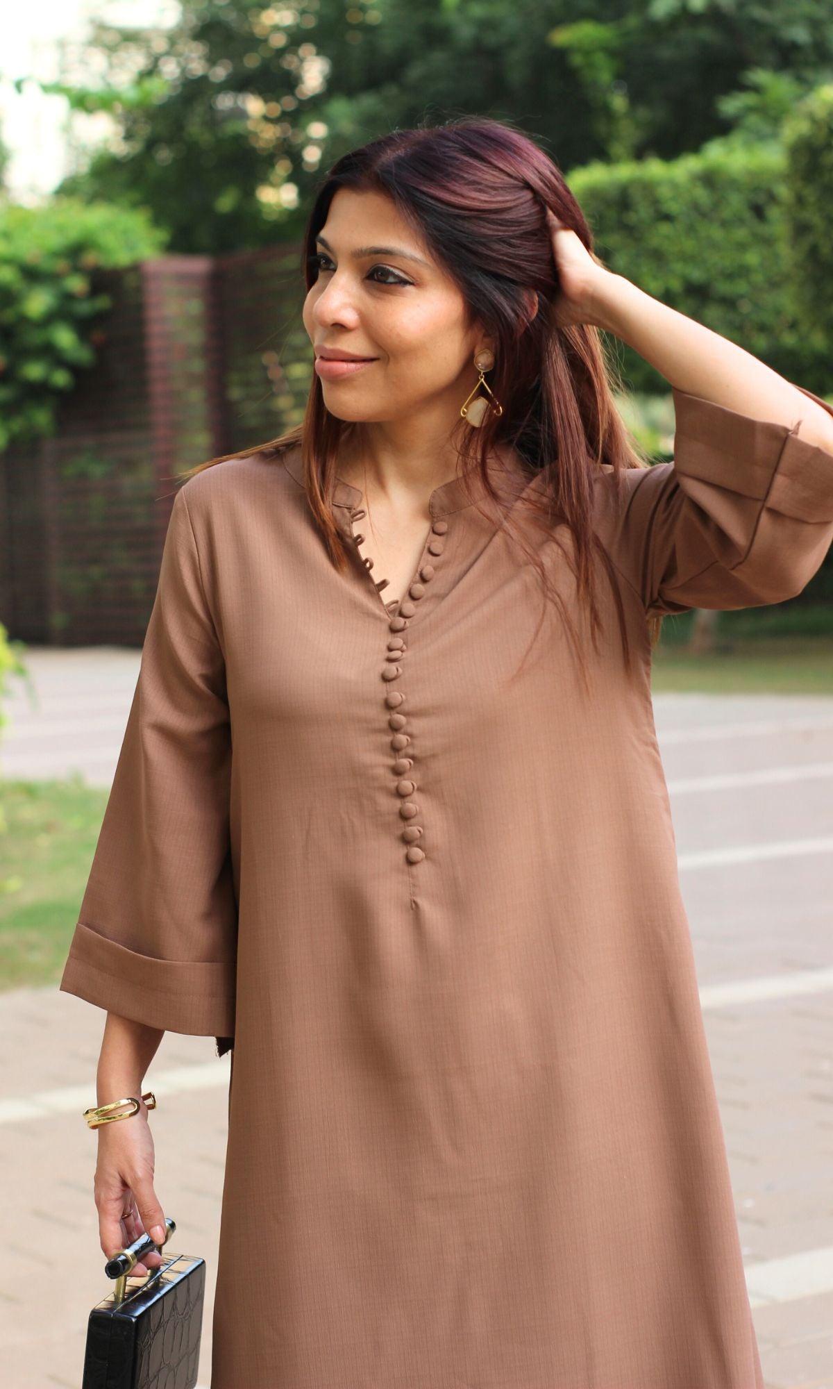 Coffee Brown Collared Buttoned Kurta with Pallazo Pants - Baareeki