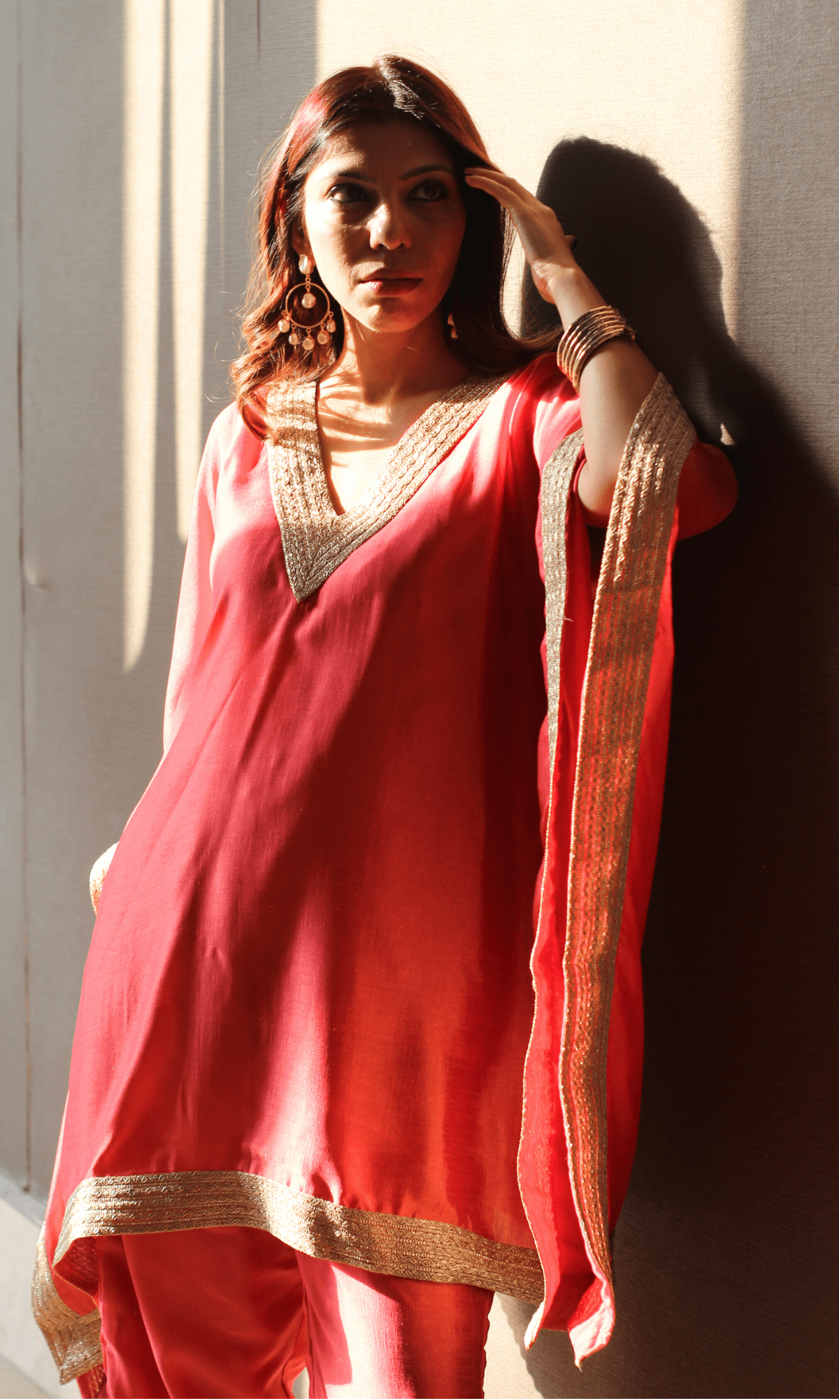 Coral Gold Laced Kaftan Set - Baareeki