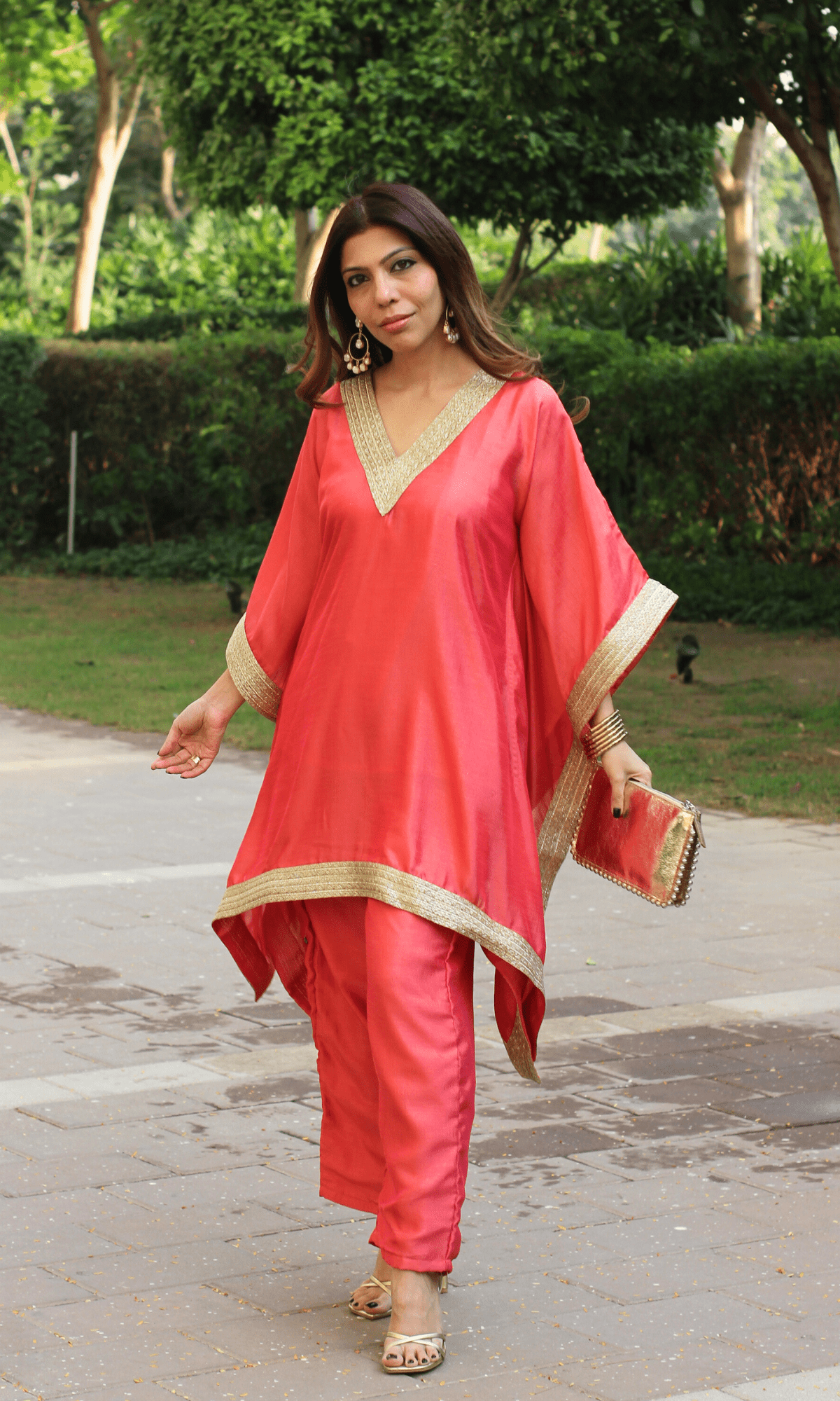 Coral Gold Laced Kaftan Set - Baareeki