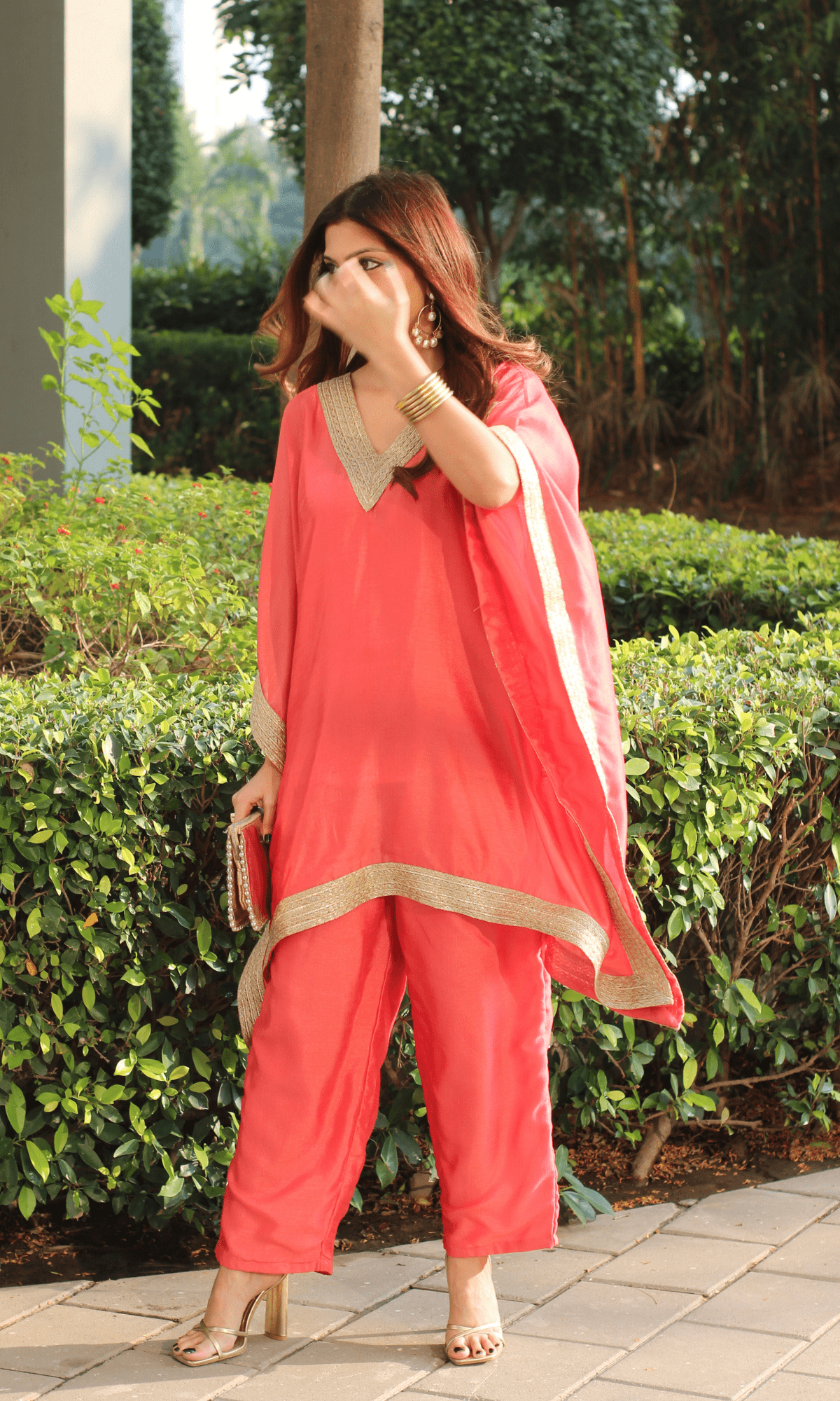 Coral Gold Laced Kaftan Set - Baareeki