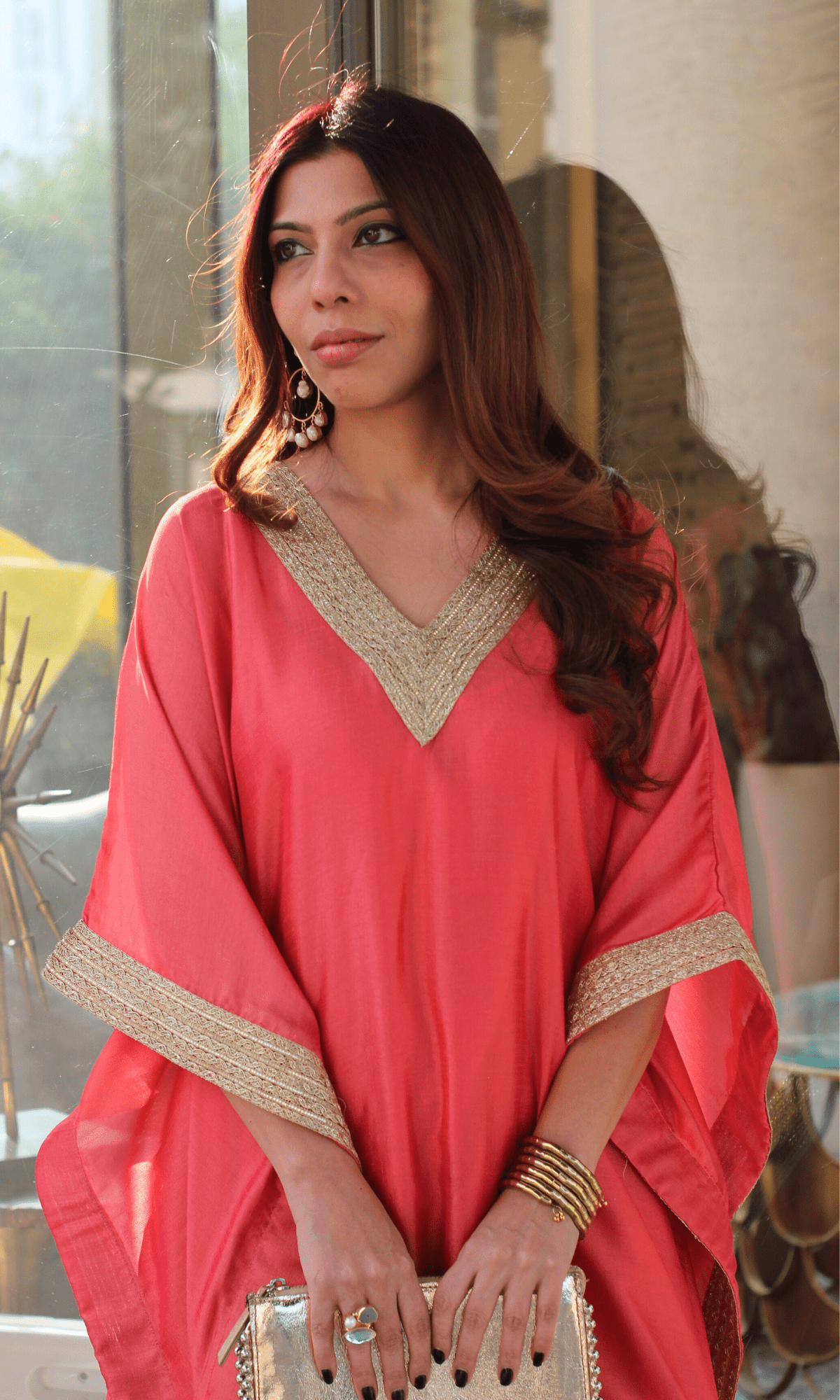 Coral Gold Laced Kaftan Set - Baareeki