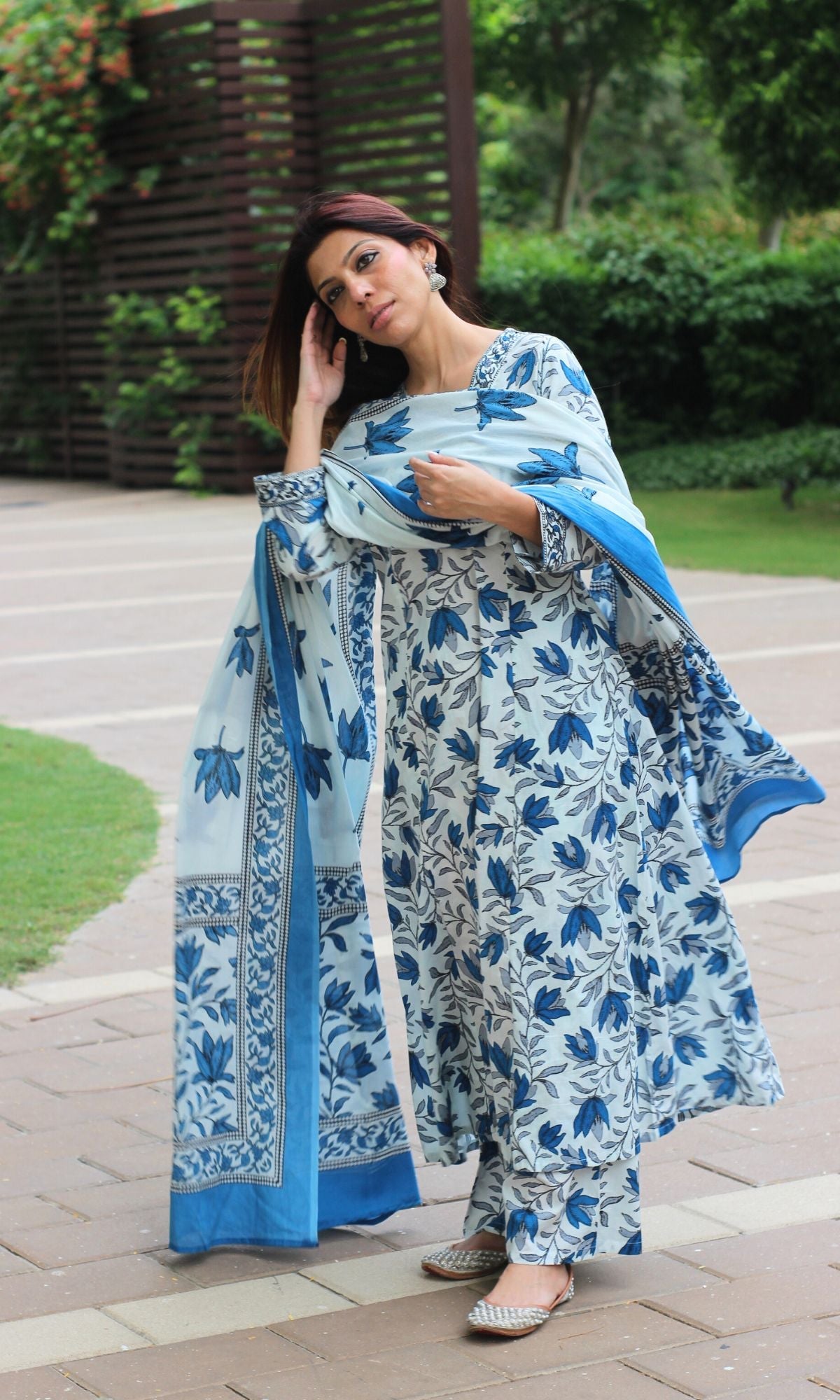 Cotton A - line White & Blue Leafy Suit Set with Cotton Printed Dupatta - Baareeki