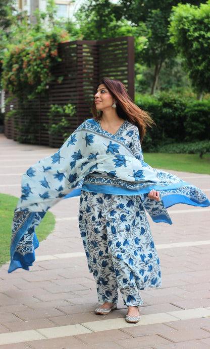 Cotton A - line White & Blue Leafy Suit Set with Cotton Printed Dupatta - Baareeki