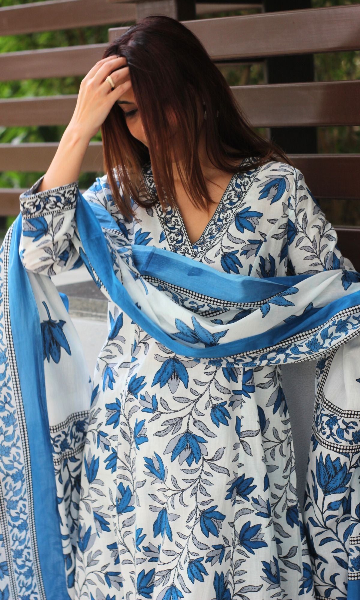 Cotton A - line White & Blue Leafy Suit Set with Cotton Printed Dupatta - Baareeki