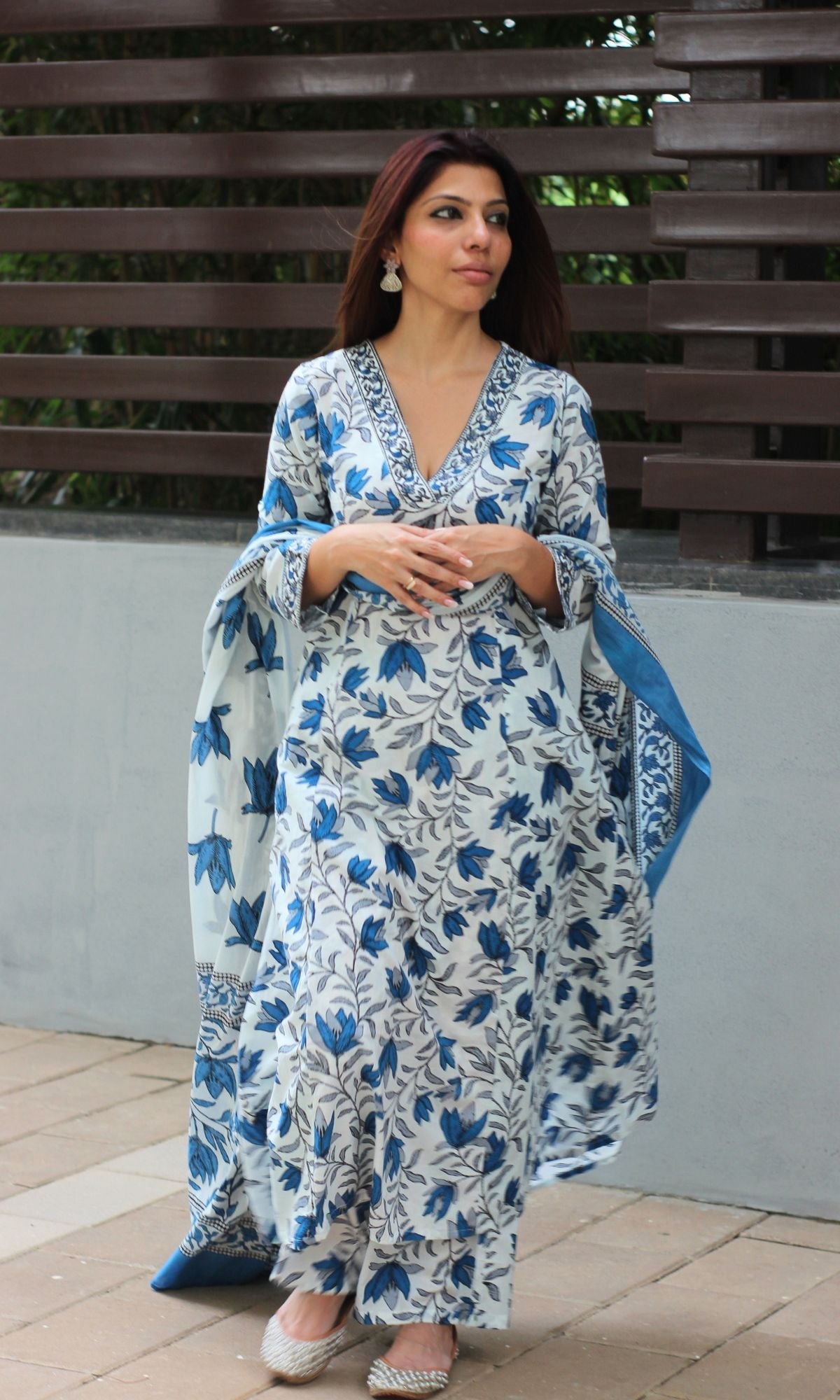 Cotton A - line White & Blue Leafy Suit Set with Cotton Printed Dupatta - Baareeki